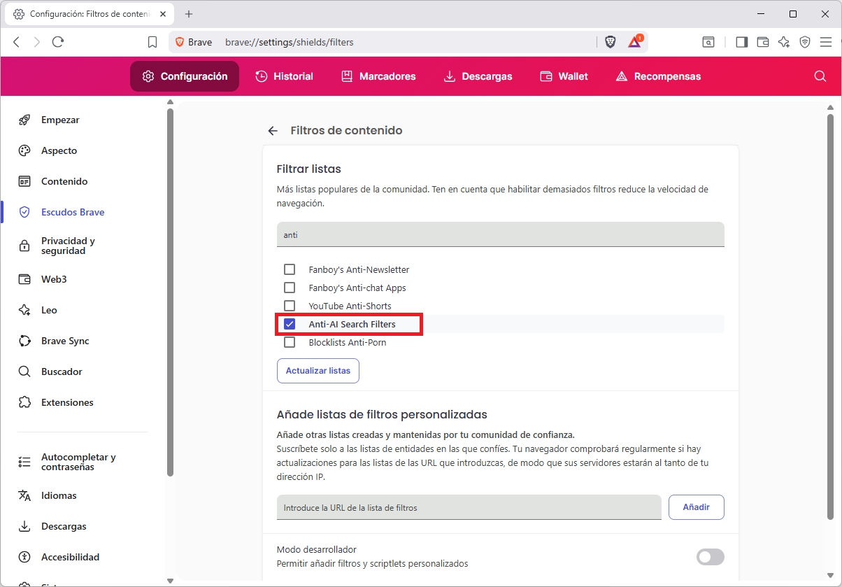 Cómo bloquear los resultados web con IA en el navegador Brave