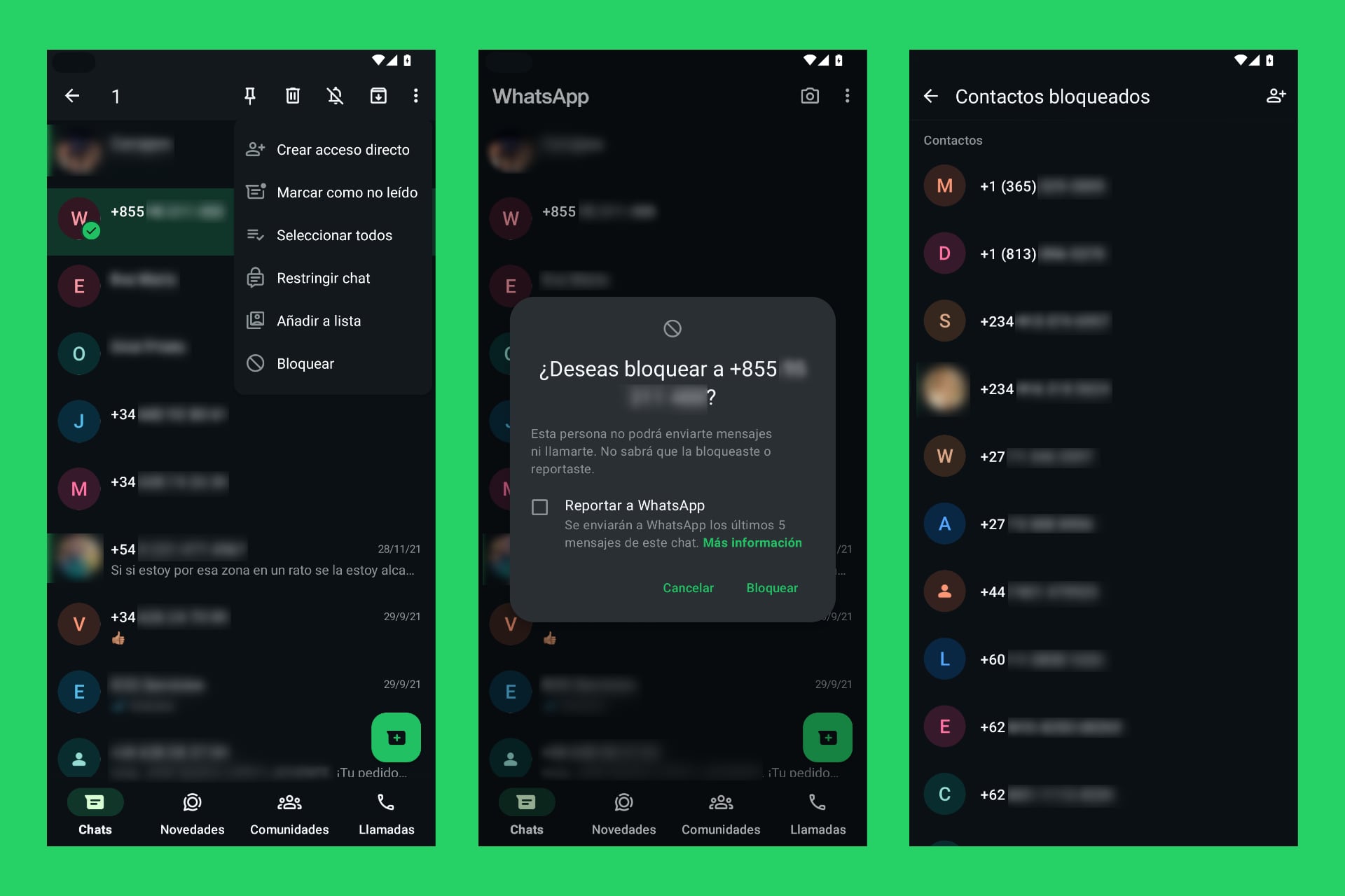 Si sospechas de un contacto, bloquéalo y repórtalo a WhatsApp