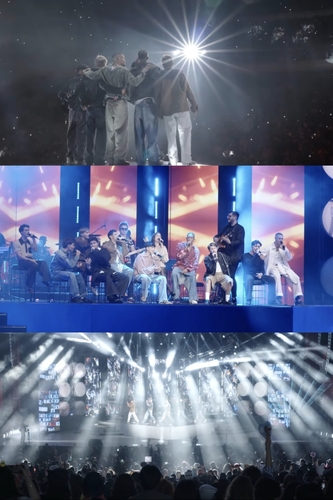 En esta composición fotográfica, proporcionada, el 23 de octubre de 2025, por Hybe Labels, se muestran escenas del concierto de debut de Santos Bravos, en Ciudad de México. (Prohibida su reventa y archivo)