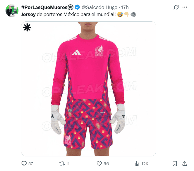 Un jersey color rosa con grecas en colores vivos desde la zona del abdomen y que cruzan el pecho y los brazos. ESPECIAL / X Un jersey color rosa con grecas en colores vivos desde la zona del abdomen y que cruzan el pecho y los brazos. ESPECIAL / X