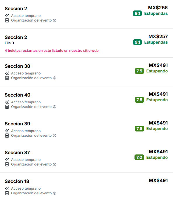 Precios de las localidades en el Estadio Jalisco. ESPECIAL / Viagogo   Precios de las localidades en el Estadio Jalisco. ESPECIAL / Viagogo