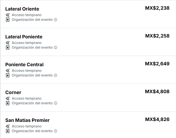 Precios de las localidades en el Estadio Jalisco. ESPECIAL / Viagogo   Precios de las localidades en el Estadio Jalisco. ESPECIAL / Viagogo