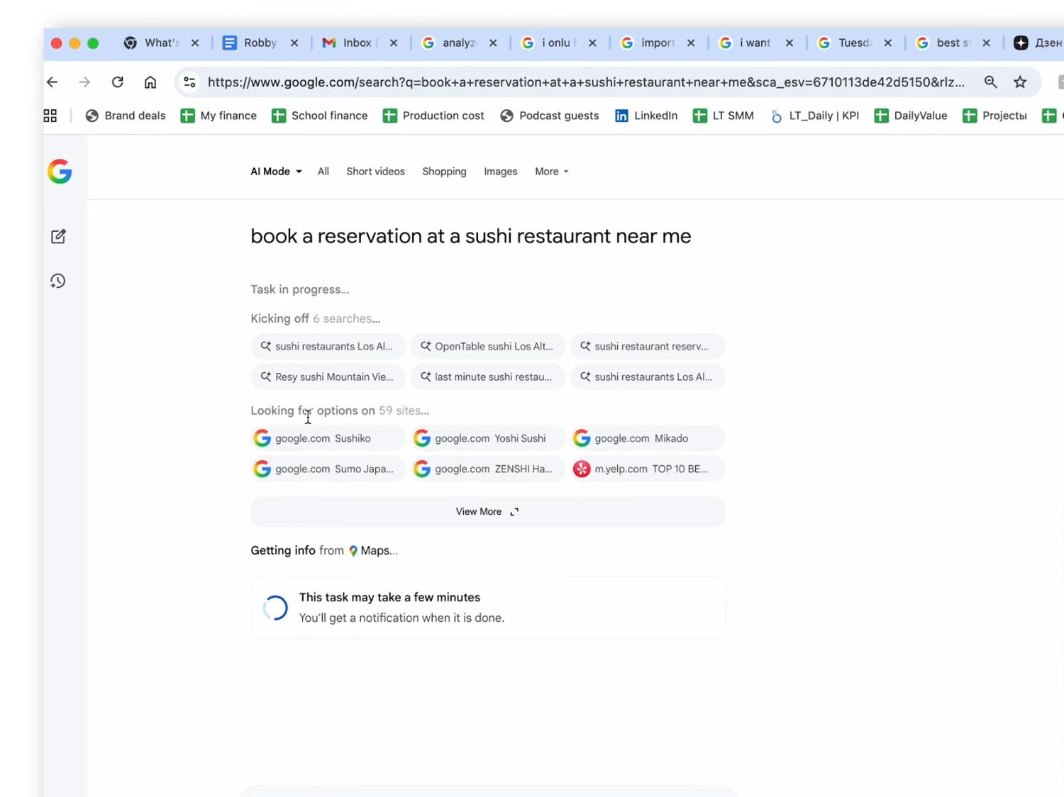 Recomendación de restaurantes en el AI Mode de Google.