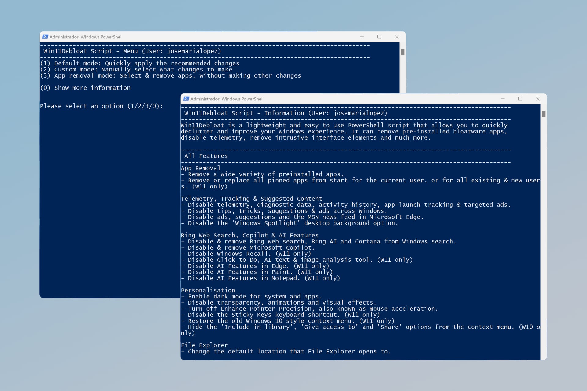 Mejorar Windows 11 eliminando y desactivando funciones con Win11Debloat