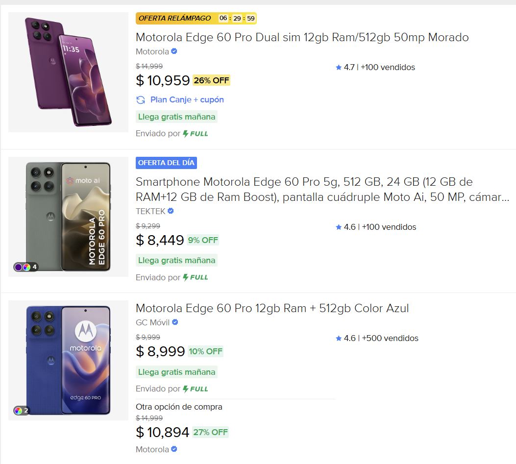 Diferencia de precios del Motorola Edge 60 Pro en Mercado Libre México en el Buen Fin 2025