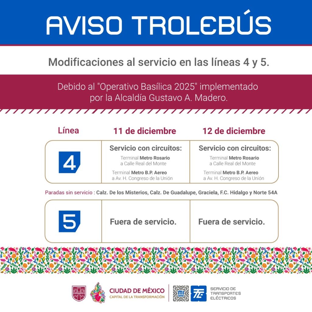 Aviso RTP Trolebús sobre modificación de rutas por 11 y 12 de diciembre ante el arribo de peregrinos a la Basílica de Guadalupe.