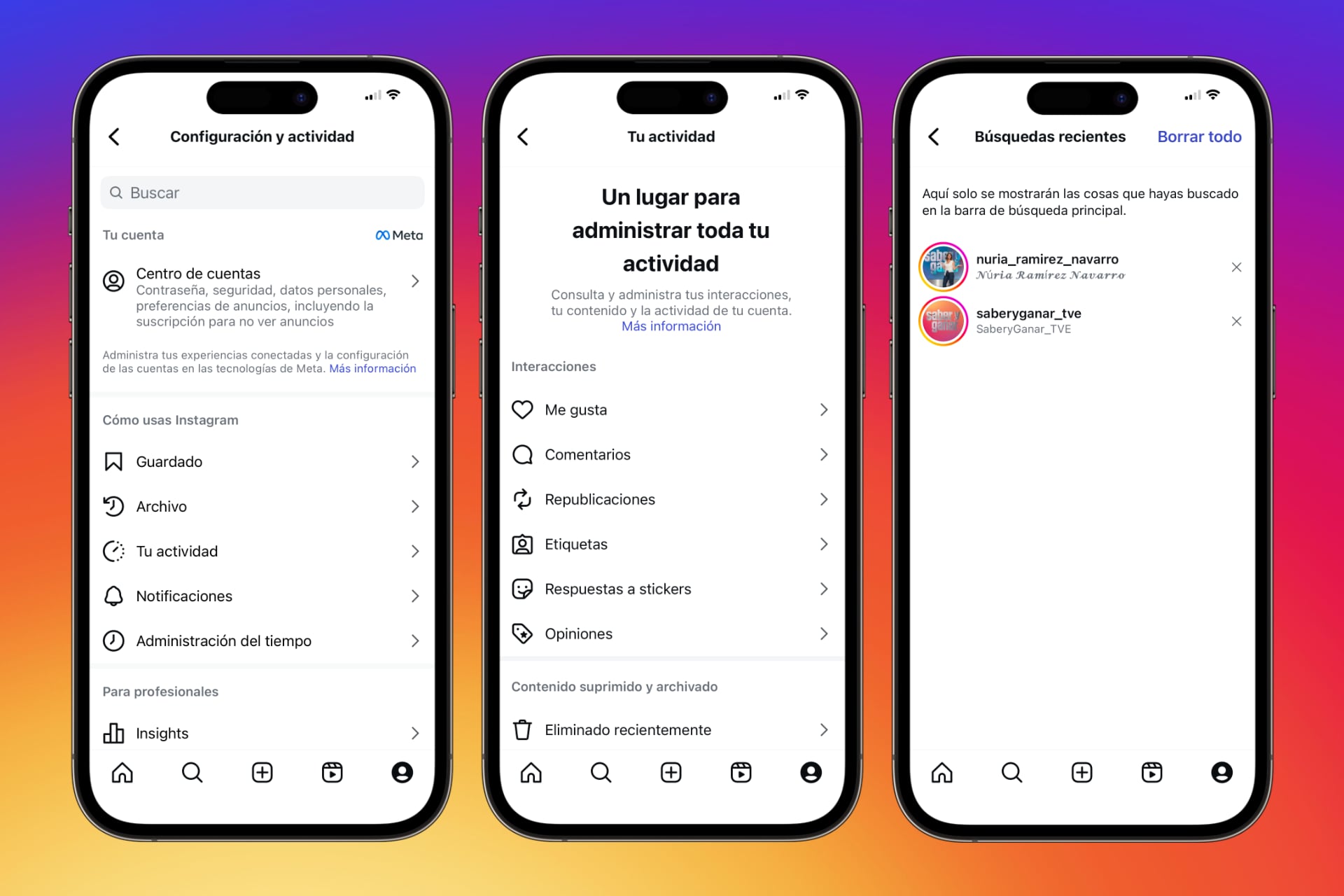 Borrar el historial de Instagram desde la Configuración de la app