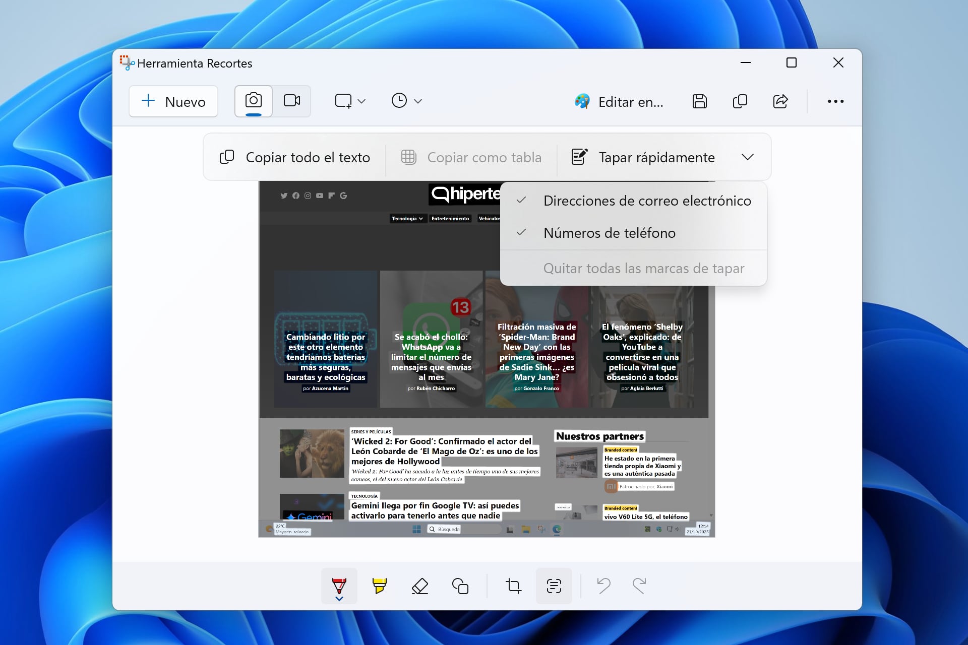 Recortes de Windows permite copiar texto de imágenes, exportarlo o taparlo