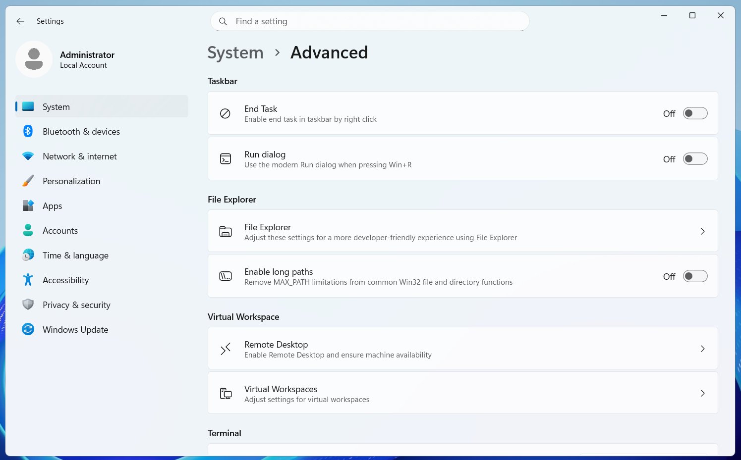 Opciones de sistema para cambiar el comando Ejecutar en Windows 11