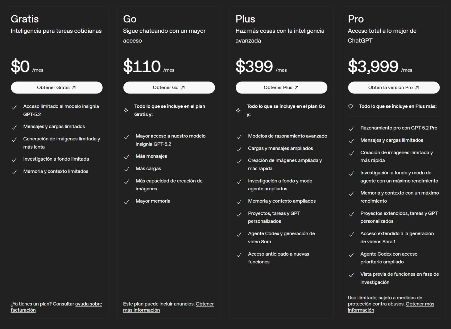 Tabla de diferencias entre ChatGPT Go y el resto de planes con precios en pesos mexicanos.