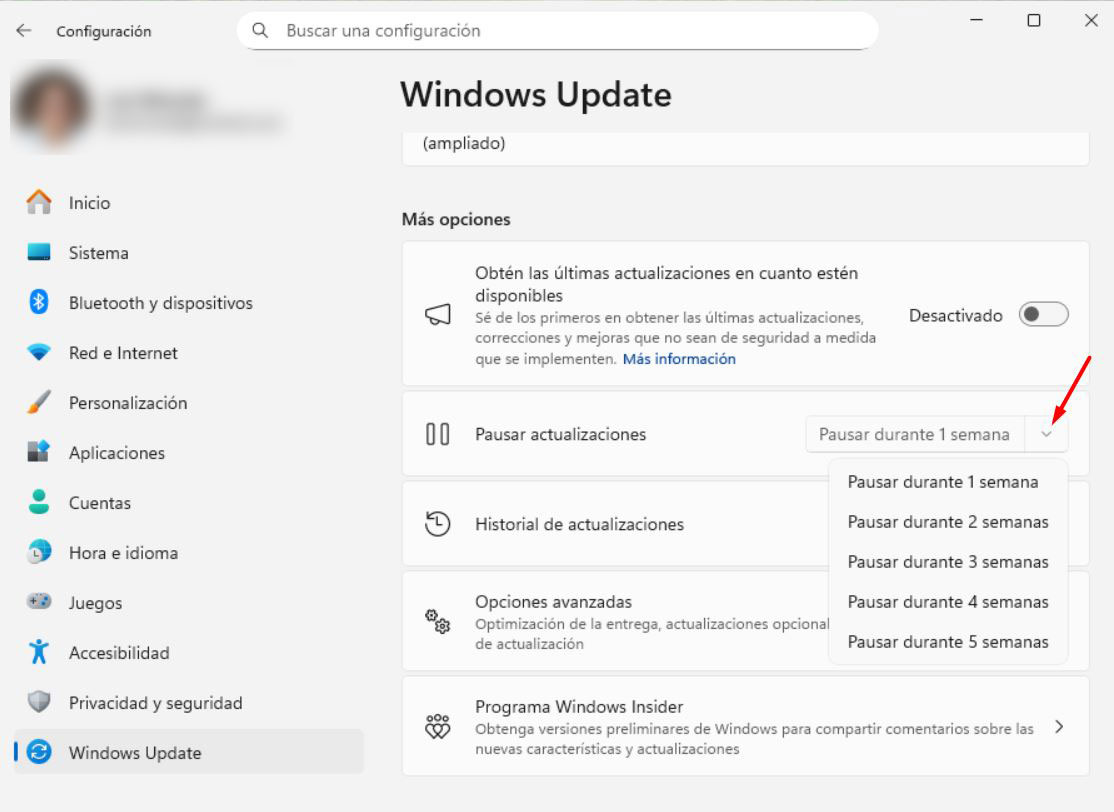 Pausar actualizaciones de Windows 11 en Windows Update