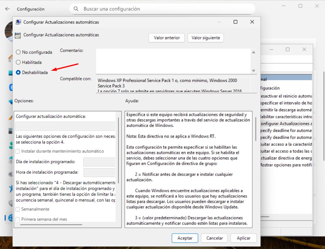 bloquear actualizaciones Windows 11 en gpedit.msc