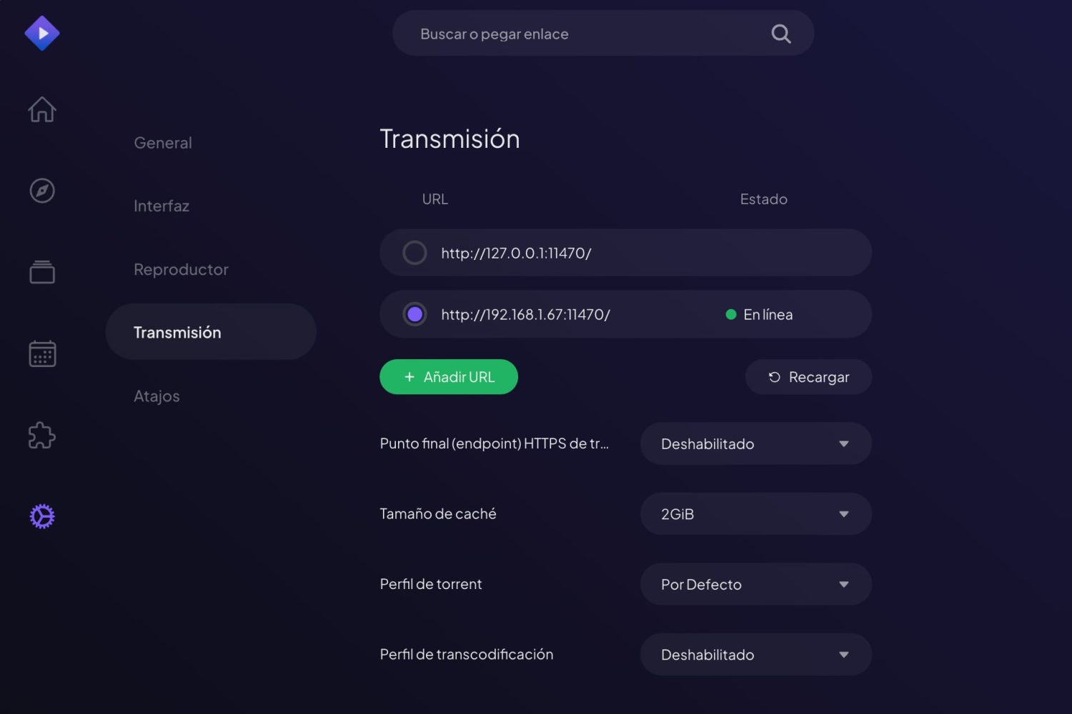 Una vez en marcha, puedes conectar tu app de Stremio con el servidor de Stremio a partir de su URL