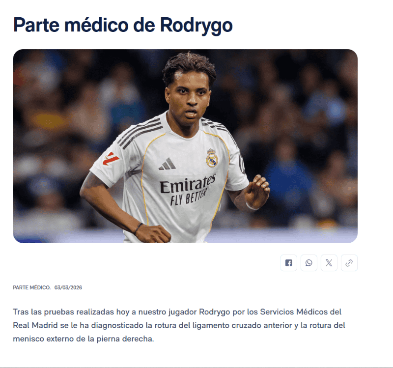Anuncio del Real Madrid desde su página oficial, donde se comparte la situación médica del brasileño. X / @realmadrid Anuncio del Real Madrid desde su página oficial, donde se comparte la situación médica del brasileño. X / @realmadrid