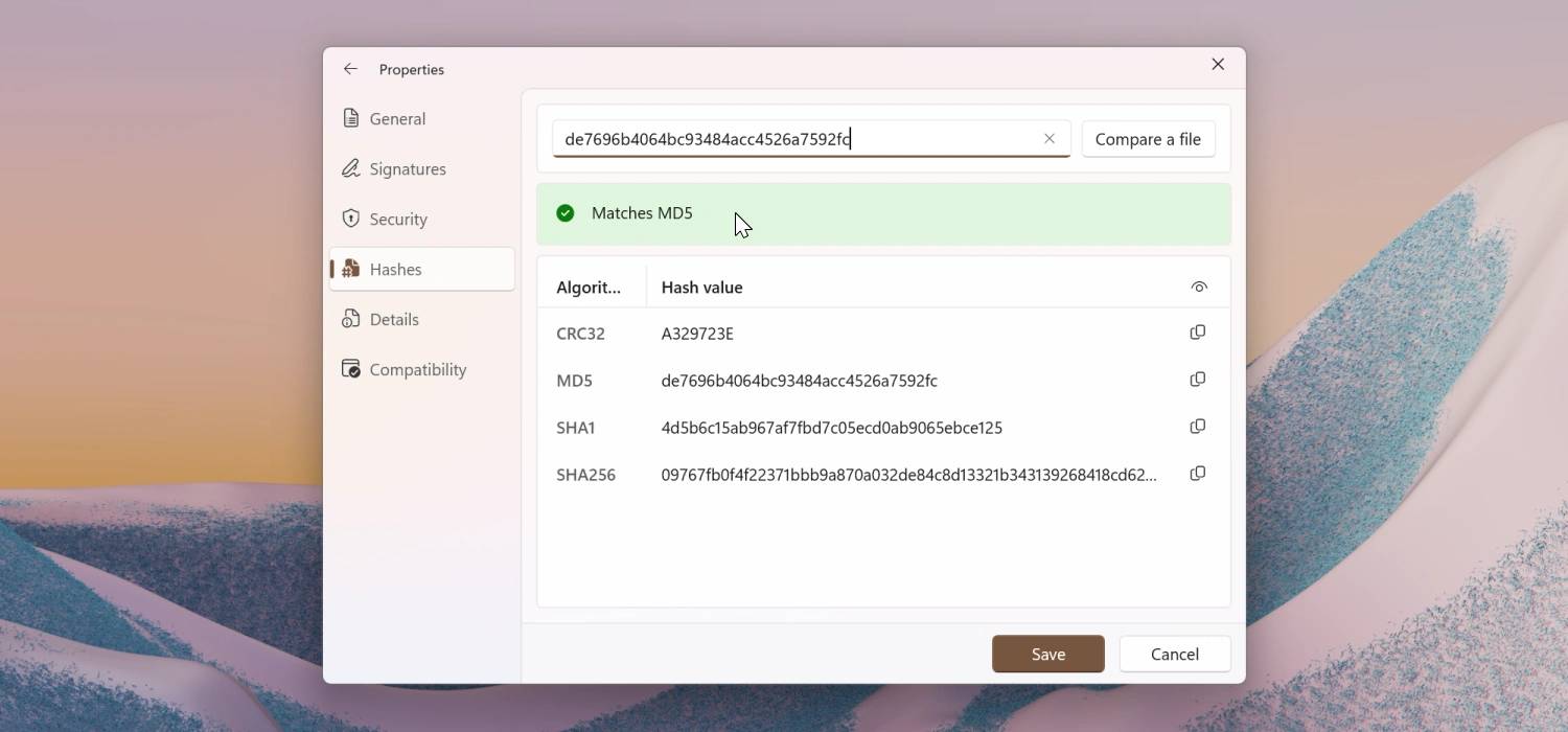 Hash check en Files para Windows 11