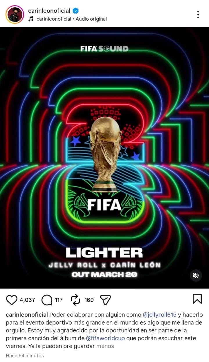 Carín León se destapa como uno de los talentos detrás del sencillo de la Copa Mundial de la FIFA 2026. IG / @carinleonoficial 