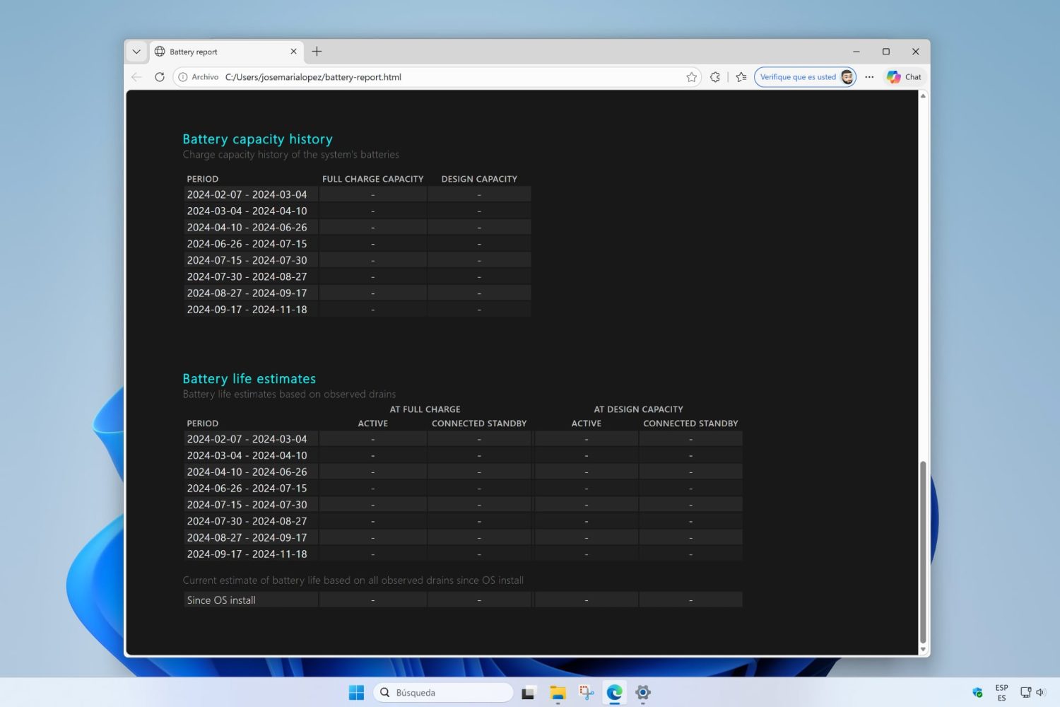 Estado de la batería de Windows