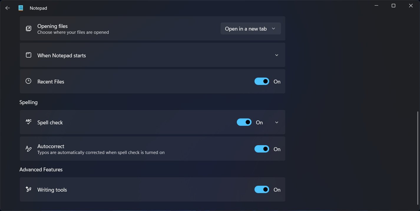 Nueva configuración del Bloc de notas sin Copilot.