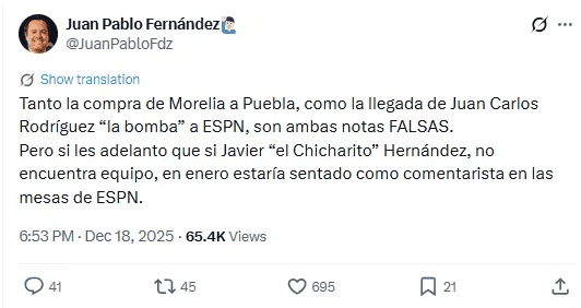 Publicación de Juan Pablo Fernández en redes sociales. X / @JuanPabloFdz 