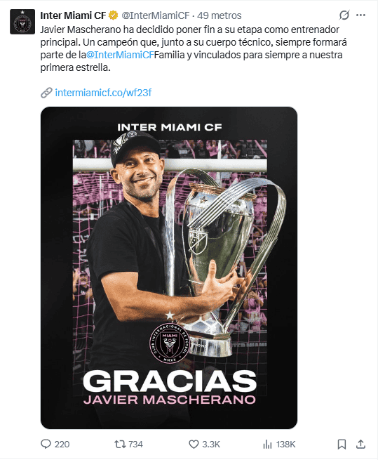 Anuncio de la salida de Mascherano desde las redes del Inter Miami. X / @InterMiamiCF Anuncio de la salida de Mascherano desde las redes del Inter Miami. X / @InterMiamiCF