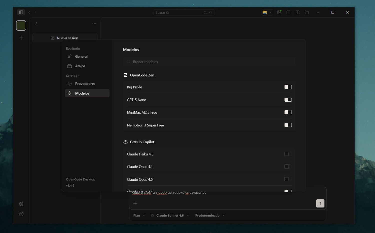Lista de modelos en OpenCode