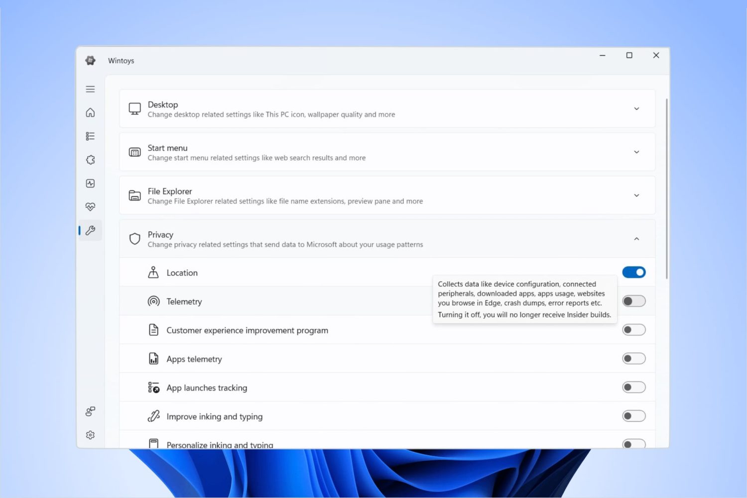 Wintoys sirve para modificar Windows 11 y realizar tareas de mantenimiento, limpieza y optimización de tu PC