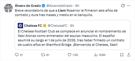 El periodista deportivo Álvaro de Grado compartió información relevante sobre el nuevo nombramiento de Alonso como nuevo entrenador del Chelsea. X / @AlvarodeGrado El periodista deportivo Álvaro de Grado compartió información relevante sobre el nuevo nombramiento de Alonso como nuevo entrenador del Chelsea. X / @AlvarodeGrado
