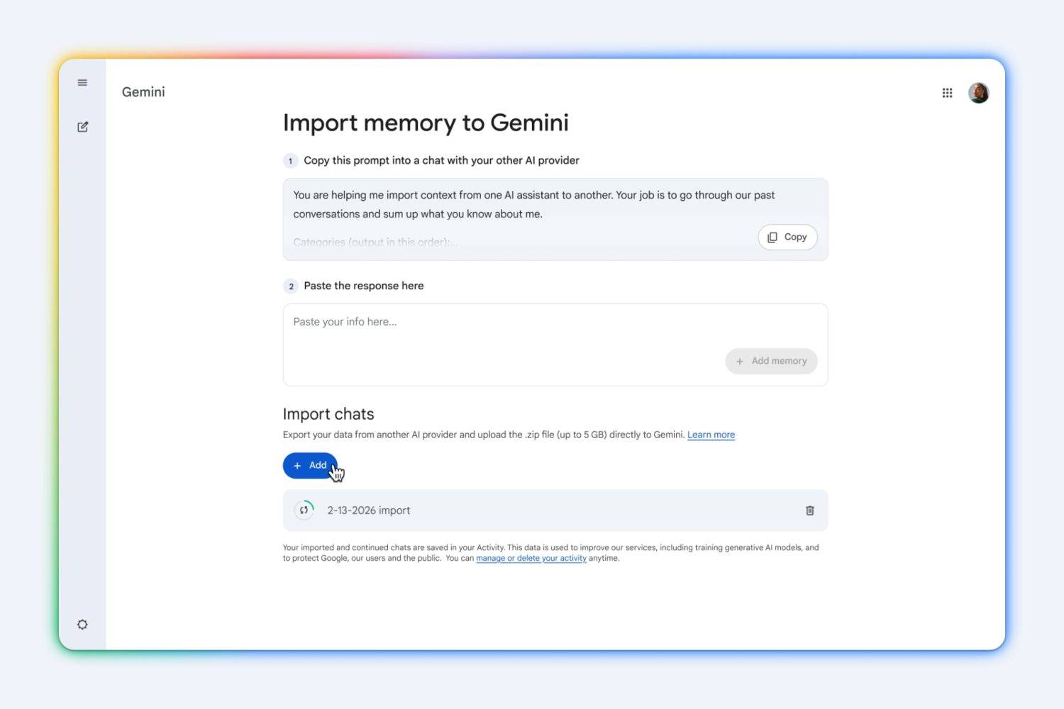 Importar chats de IA y otros datos entre Gemini, Claude y ChatGPT