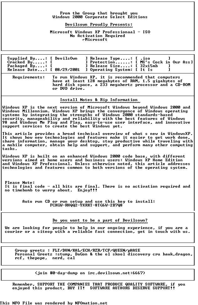 Archivo NFO de la filtración de Windows XP, por Devilsown.