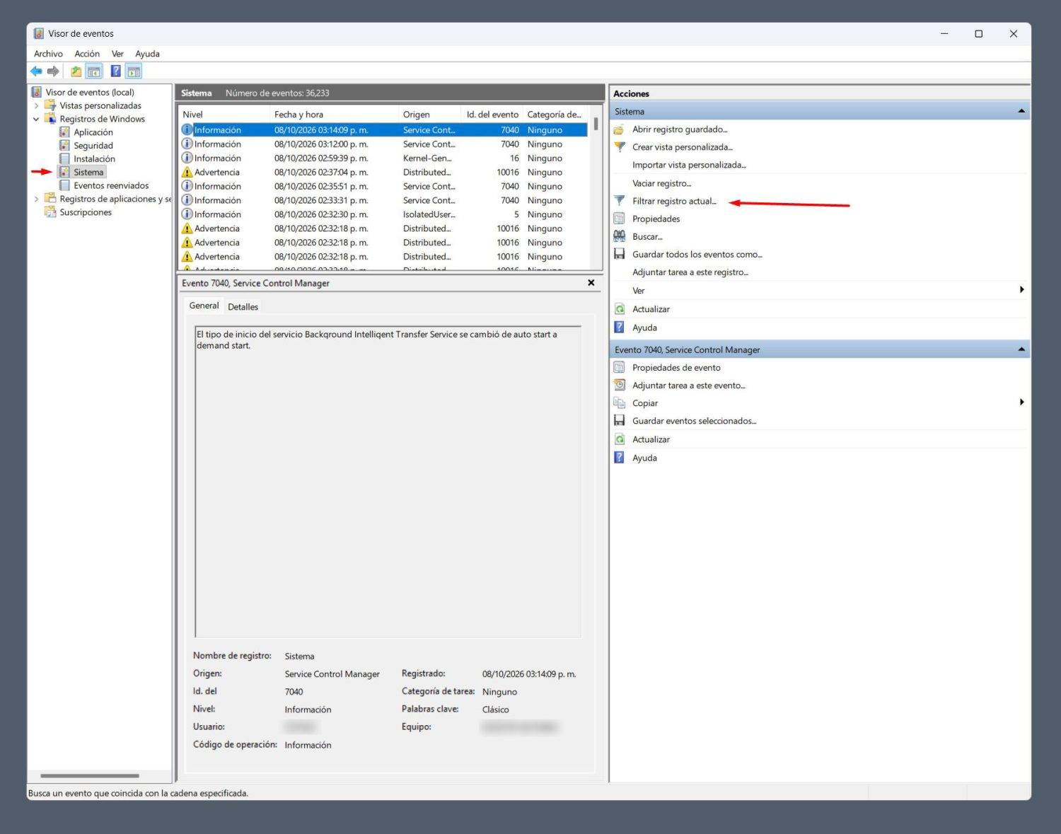 Visor de eventos de Windows
