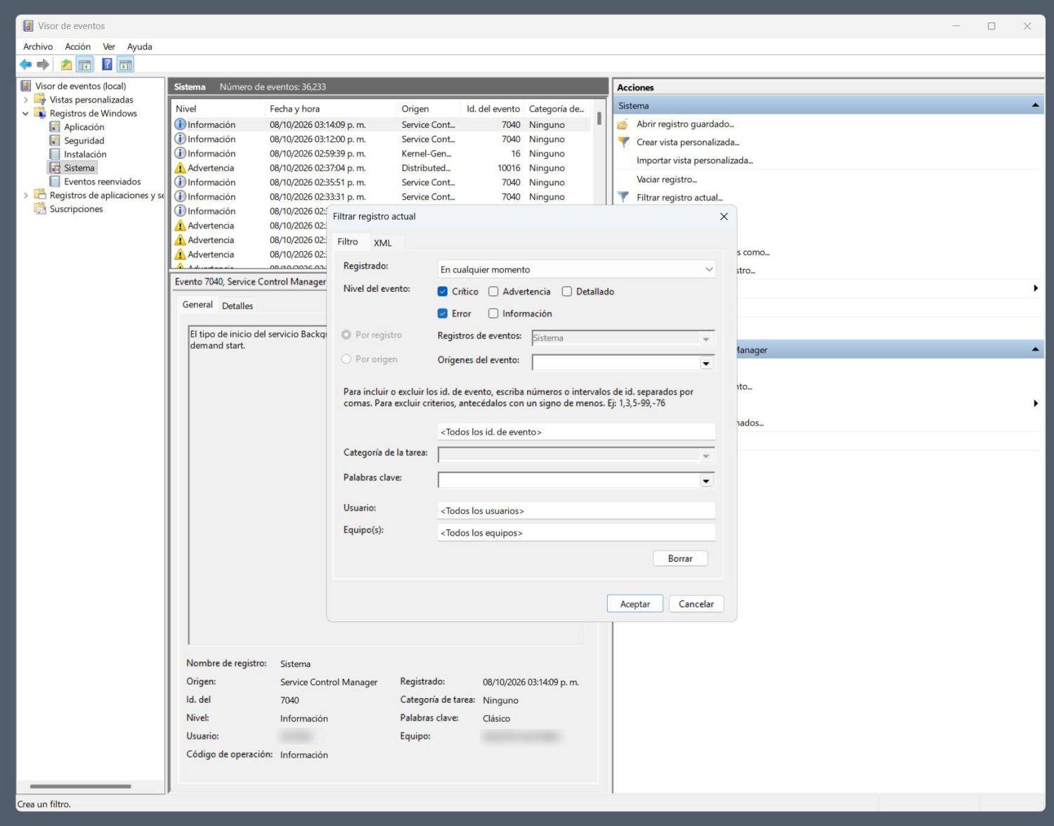 Visor de eventos de Windows