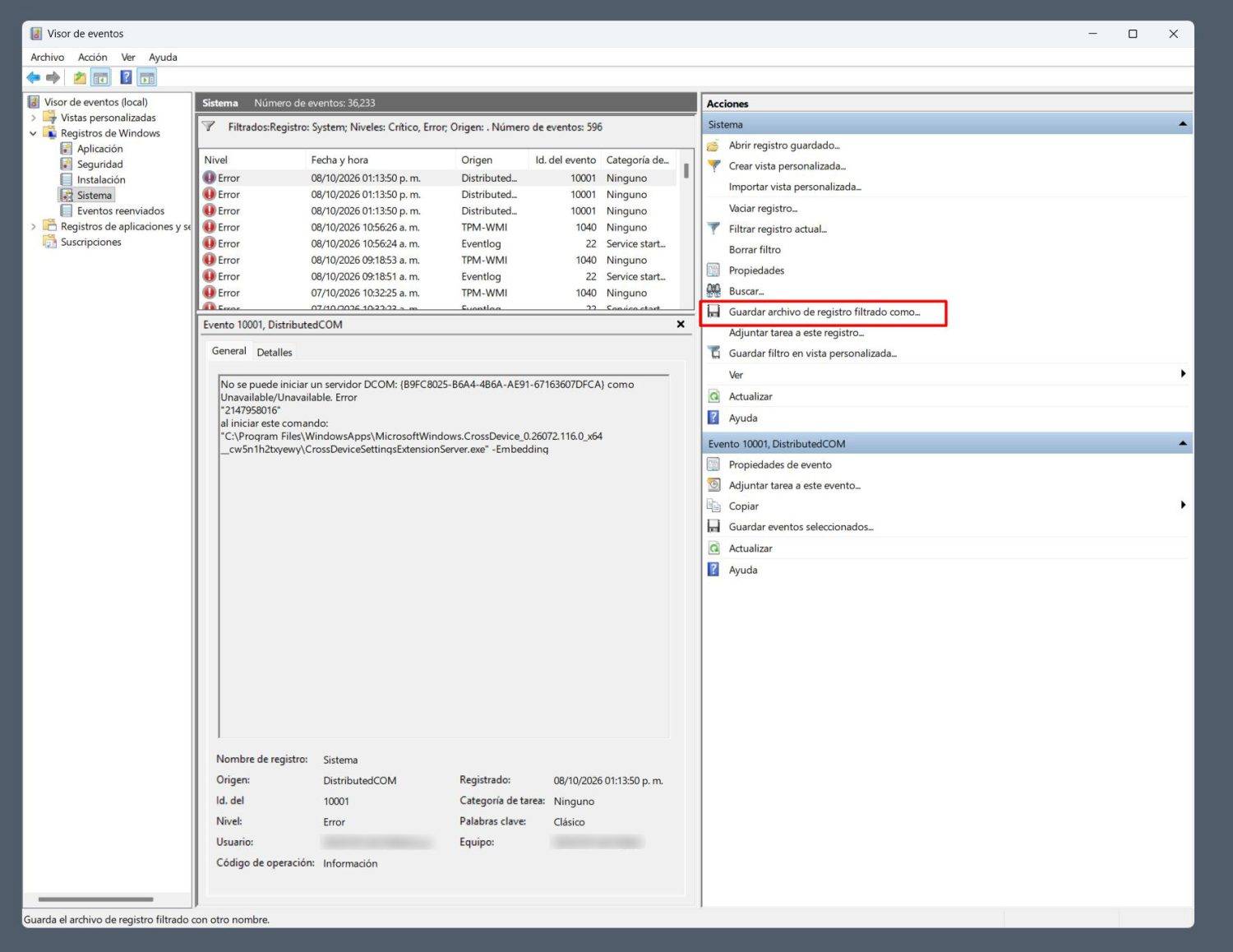 Visor de eventos de Windows