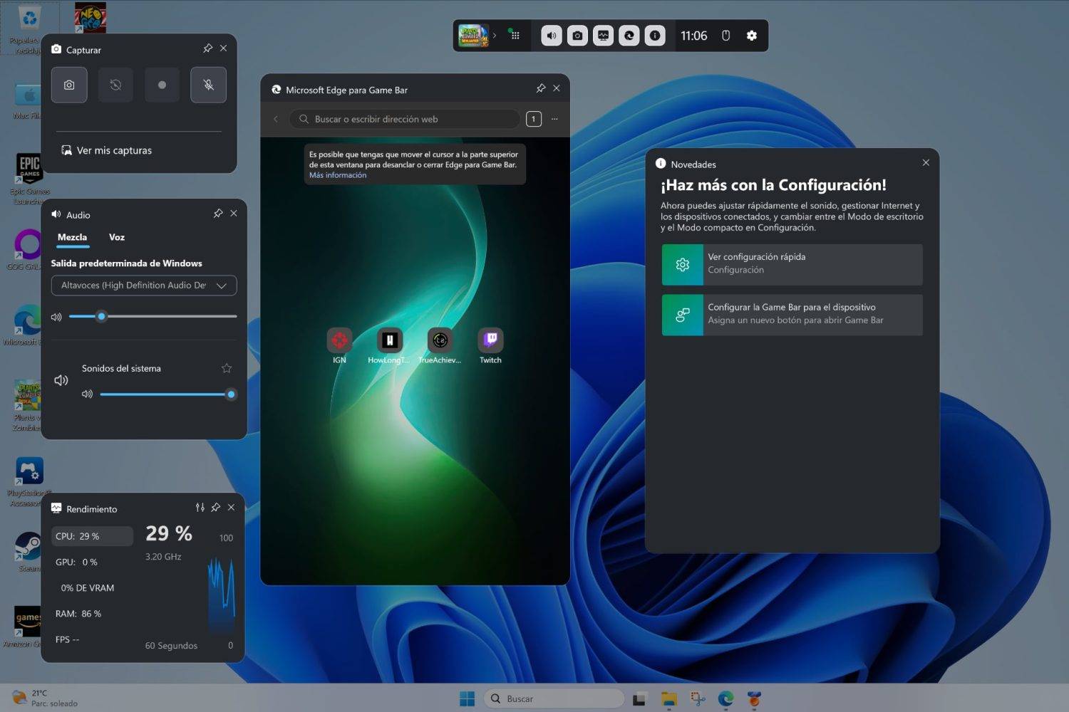 La barra de juego de Windows añade widgets que te ayudarán a personalizar tu experiencia de juego